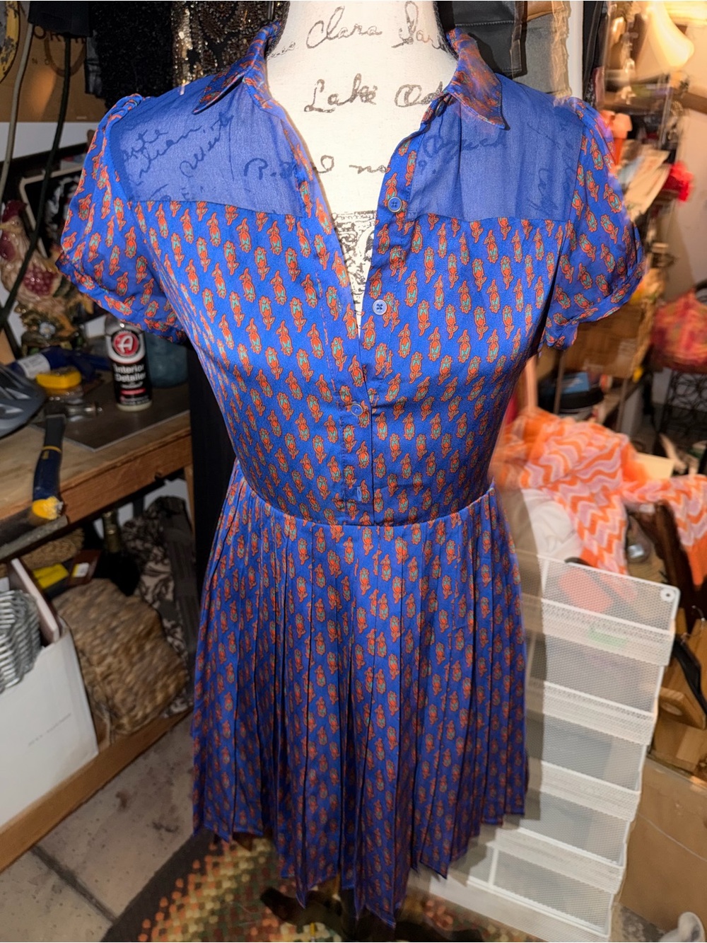 Blue Mini Dress with Orange Motif - Picture 2 of 5